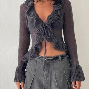 Ruffled Gray Knit Cardigan